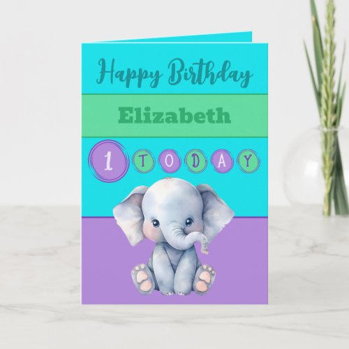 1st birthday add name girl cute elephant purple card