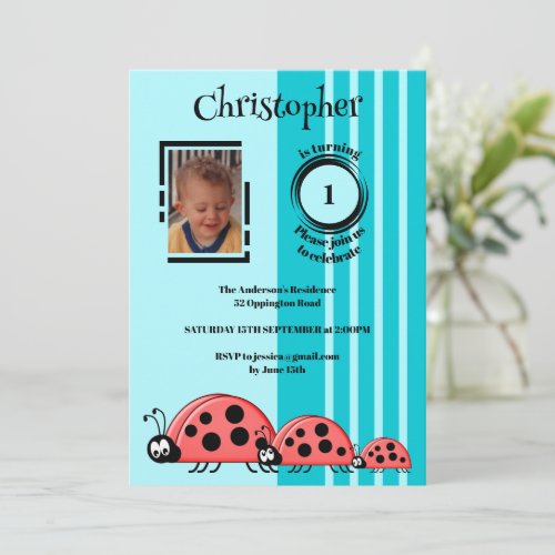 1st Birthday add photo ladybugs red blue Invitation