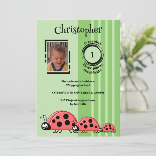 1st Birthday add photo ladybugs red green Invitation