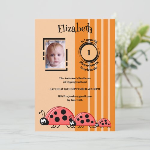 1st Birthday add photo ladybugs red orange Invitation