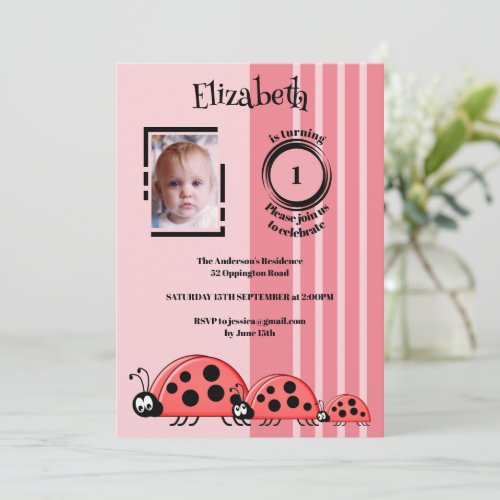 1st Birthday add photo ladybugs red pink Invitation