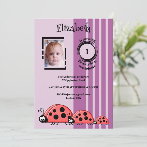 1st Birthday add photo ladybugs red purple Invitation