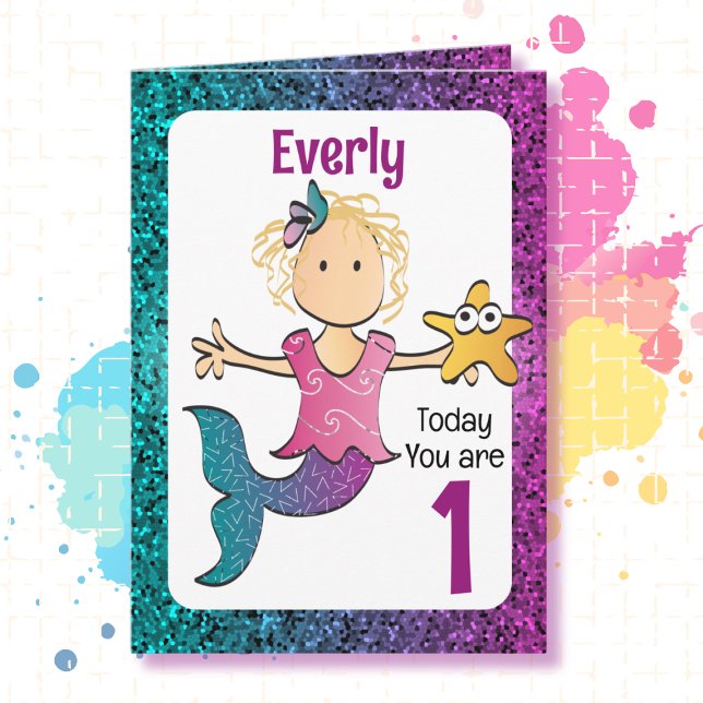 1st Birthday Adorable Sweet Mermaid Cartoon  Card (Creator Uploaded)