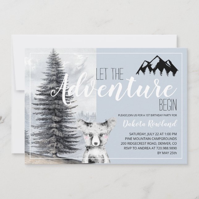 1st Birthday Adventure Awaits Woodland Bear  Invitation (Front)