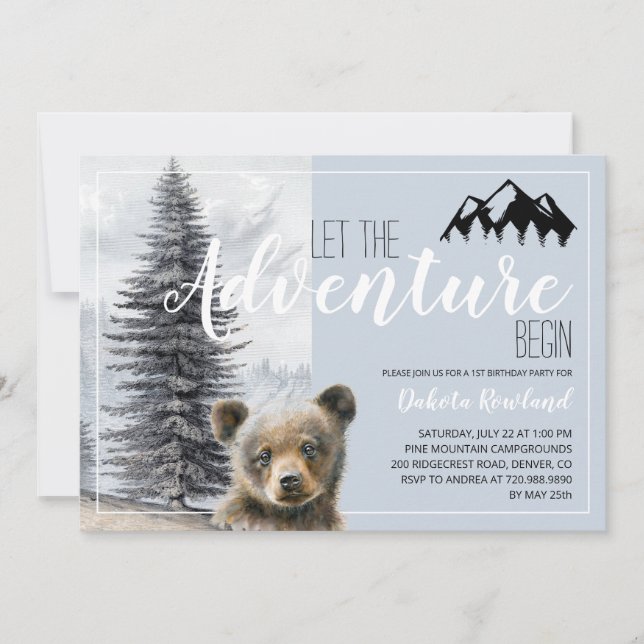 1st Birthday Adventure Awaits Woodland Bear  Invitation (Front)