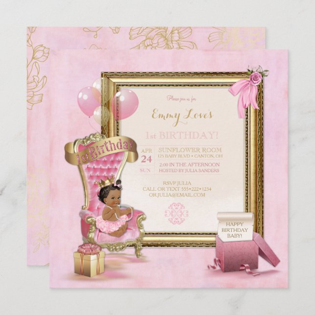 1st Birthday African American Princess Throne Invitation (Front/Back)