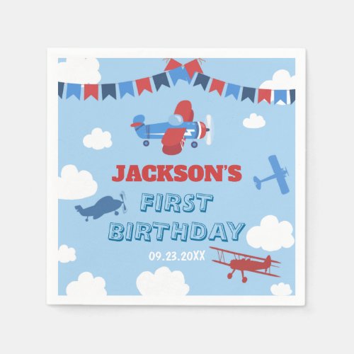 1st Birthday Airplane ONE Year Has Flown Sky Cloud Napkins