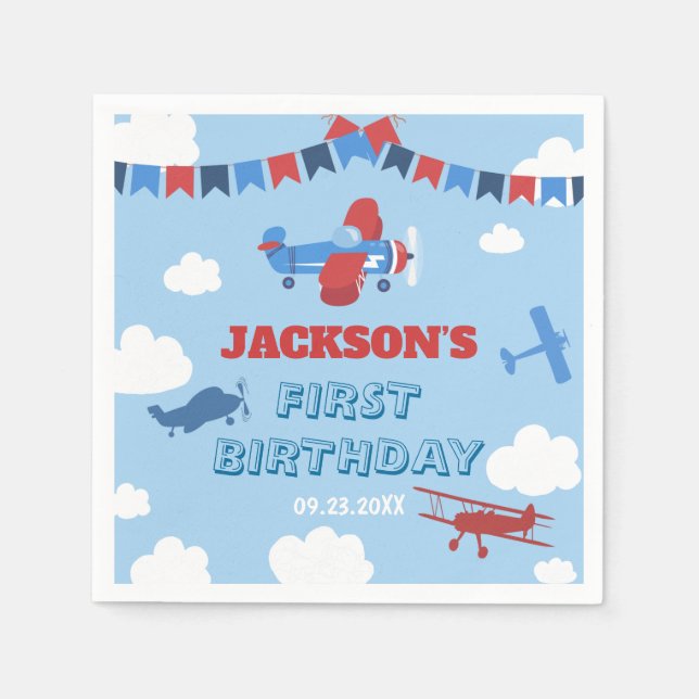 1st Birthday Airplane ONE Year Has Flown Sky Cloud Napkins (Front)