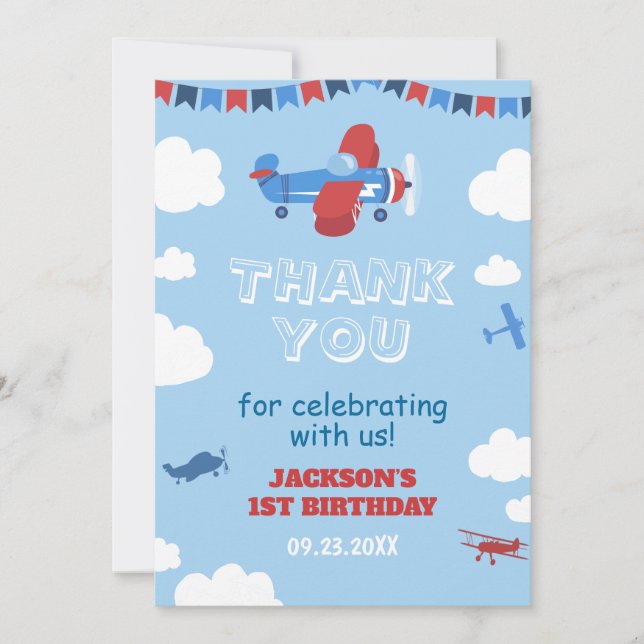 1st Birthday Airplane ONE Year Has Flown Sky Cloud Thank You Card (Front)