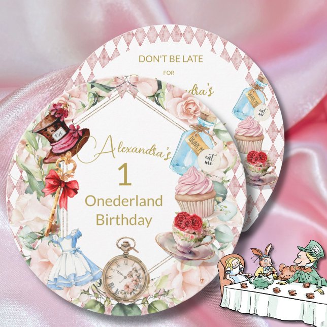 1st Birthday Alice In Wonderland Floral Round Invitation (Creator Uploaded)