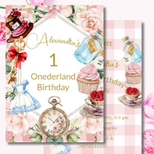 1st Birthday Alice In Wonderland Gingham Pink Invitation