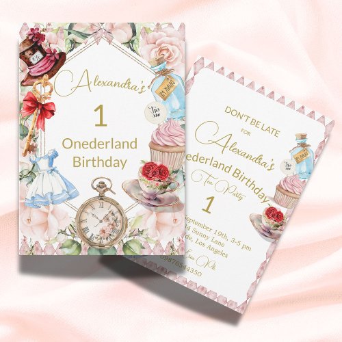 1st Birthday Alice In Wonderland Pink Floral Invitation