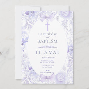 1st Birthday and Baptism for Girl Lilac Floral Invitation