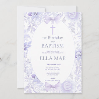 1st Birthday and Baptism for Girl Lilac Floral Invitation