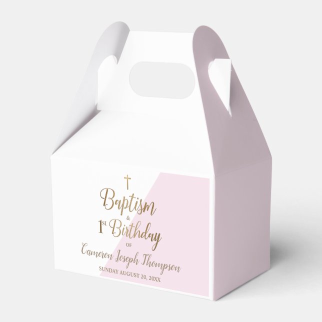 1st Birthday and baptism Pink baby Girl Favor Boxes (Front Side)