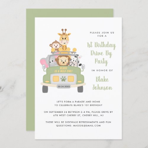 1st Birthday Animal Safari Drive By Party Invitation