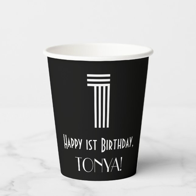 1st Birthday — Art Deco Inspired Look “1” + Name Paper Cups (Back)