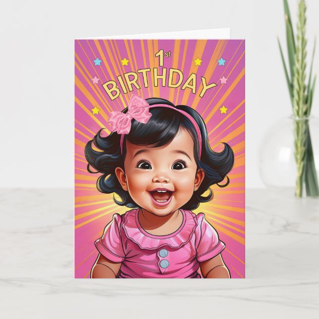 1st Birthday Asian Baby Girl in Pink Comic Book Card (Front)
