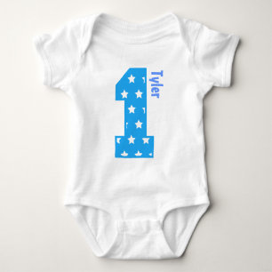 1st Birthday Baby Blue Stars One Year Old Name Baby Bodysuit