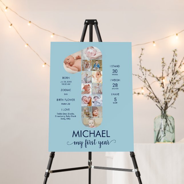 1st Birthday Baby Boy Milestone Photo Collage Blue Foam Board (In Situ (Stand))