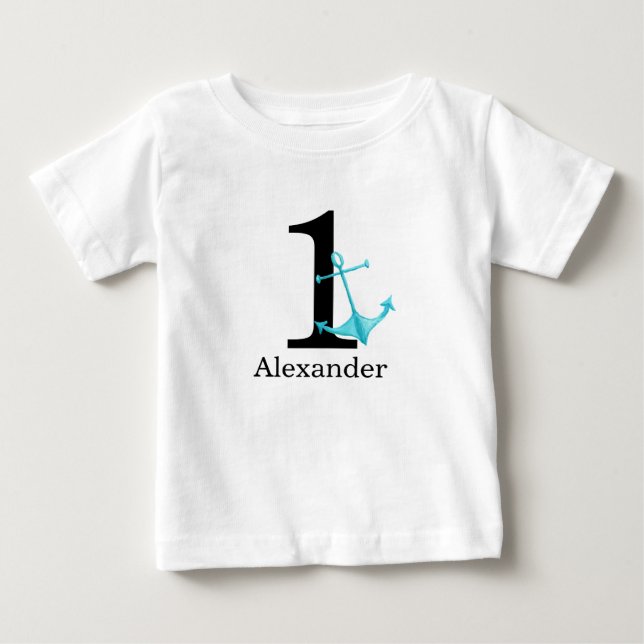1st Birthday Baby Boy Nautical Anchor Custom Name T-Shirt (Front)