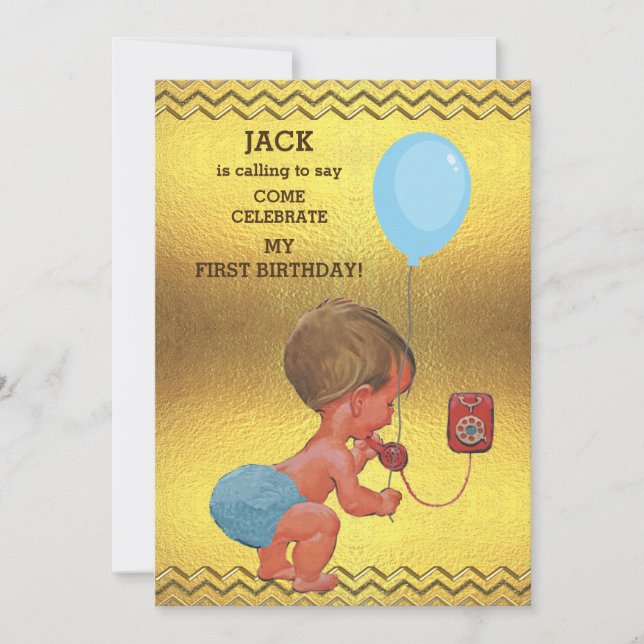 1st Birthday Baby Boy Phone Balloon Gold Chevrons Invitation (Front)