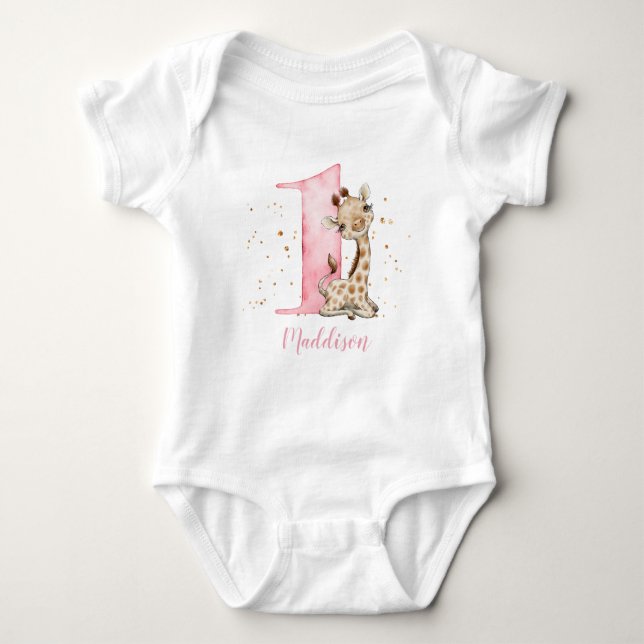 1st Birthday Baby Giraffe Baby Bodysuit (Front)