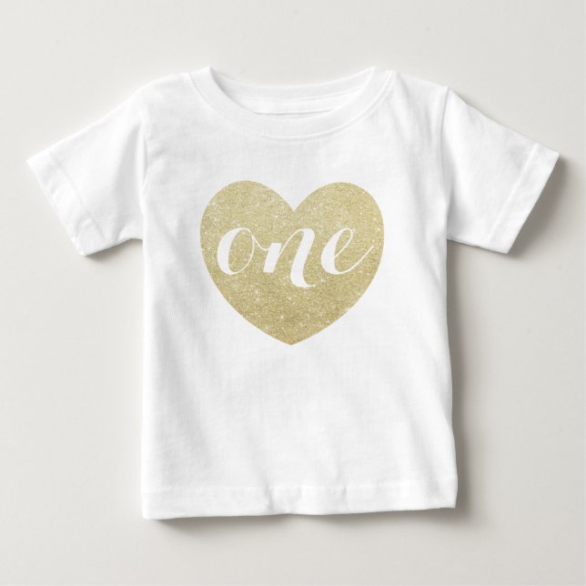 1st Birthday Baby Girl Glitter heart-Print Baby T-Shirt (Front)