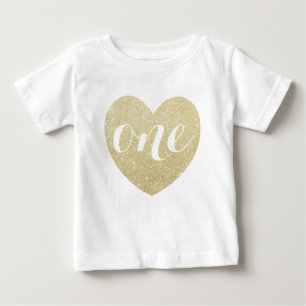 1st Birthday Baby Girl Glitter heart-Print Baby T-Shirt