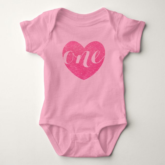 1st Birthday Baby Girl Glitter heart-Print Pink Baby Bodysuit (Front)