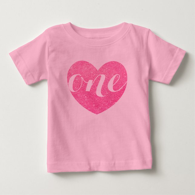 1st Birthday Baby Girl Glitter heart-Print Pink Baby T-Shirt (Front)