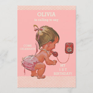 1st Birthday Baby Girl on Phone Pink Chevrons Invitation
