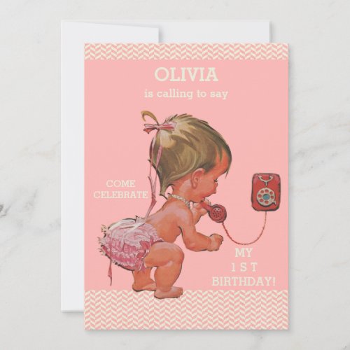 1st Birthday Baby Girl on Phone Pink Chevrons Invitation