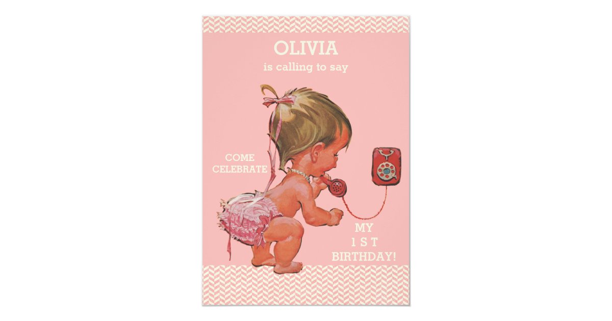 1st Birthday Baby Girl On Phone Pink Chevrons Invitation Zazzle Com