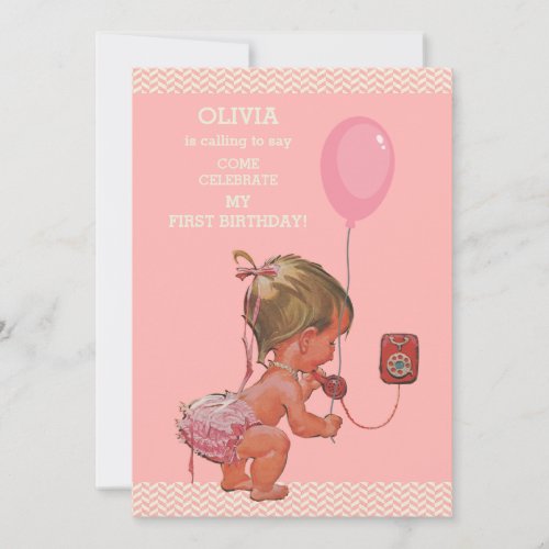 1st Birthday Baby Girl Phone Balloon Chevrons Invitation