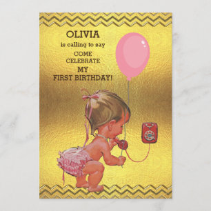 1st Birthday Baby Girl Phone Balloon Gold Chevrons Invitation
