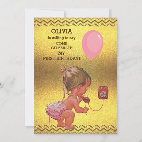 1st Birthday Baby Girl Phone Balloon Gold Chevrons Invitation