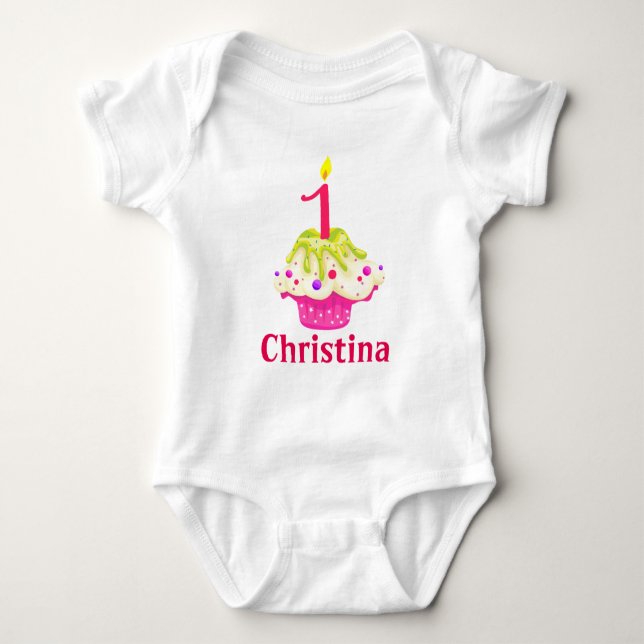 1st Birthday Baby Girl Pink Cake Personalize Bodysuit (Front)