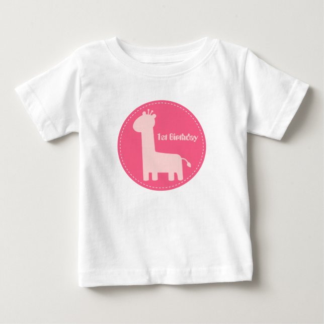 1st Birthday - Baby Girl Pink Giraffe Silhouette Baby T-Shirt (Front)