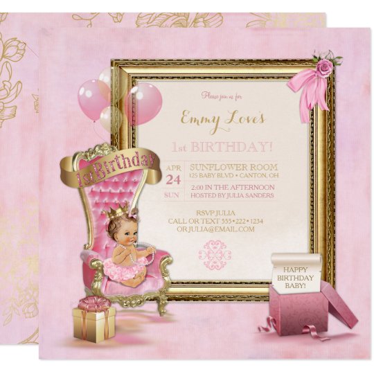 1st Birthday Baby Girl Princess Throne Gold Pink Invitation Zazzle Com