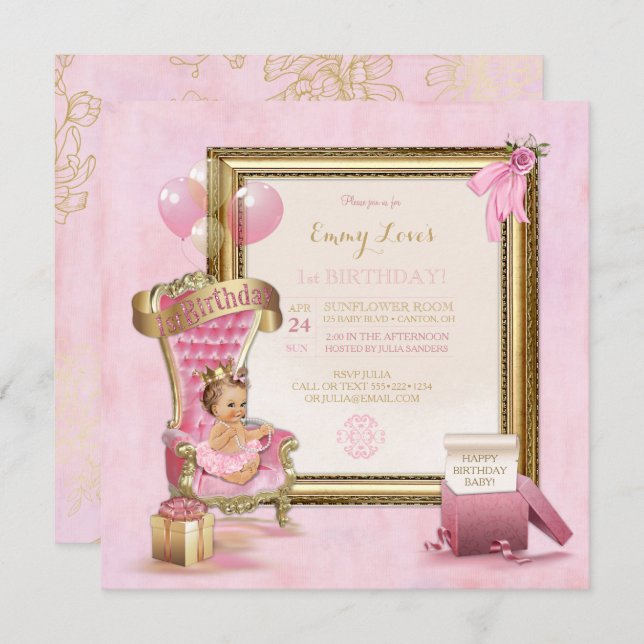 1st Birthday Baby Girl Princess Throne Gold Pink Invitation (Front/Back)