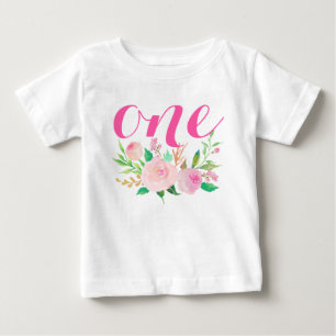 1st Birthday Baby Girl Watercolor Floral Baby T-Shirt
