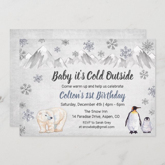 1st Birthday Baby It's Cold Outside Invitation (Front/Back)
