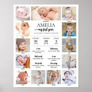 1st Birthday Baby Milestone Custom Photo Collage Poster