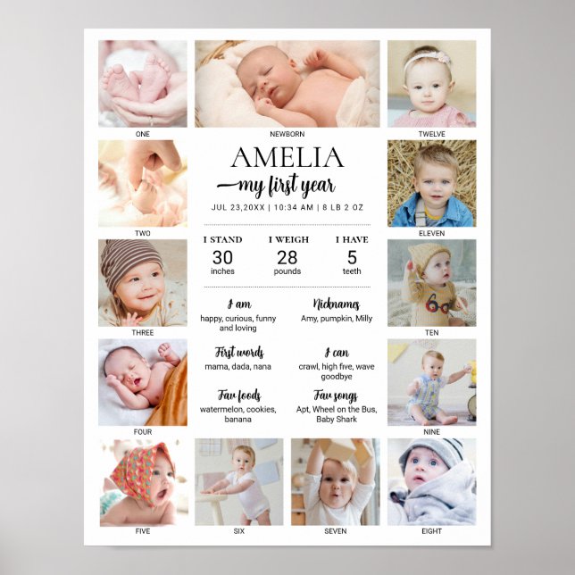 1st Birthday Baby Milestone Custom Photo Collage Poster (Front)