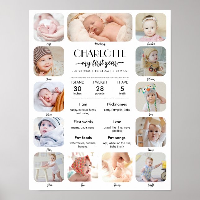 1st Birthday Baby Milestone Custom Picture Collage Poster (Front)