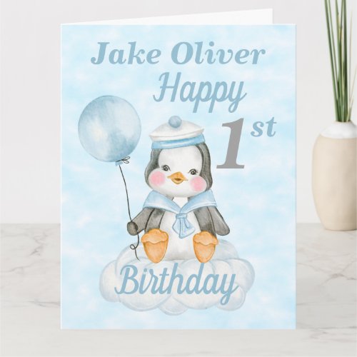 1st Birthday Baby Penguin Blue Big Card