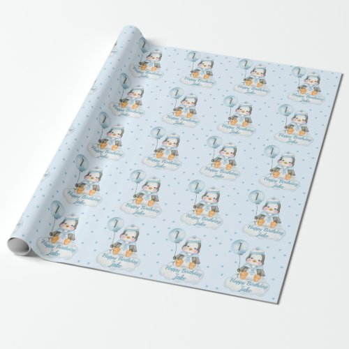 1st Birthday Baby Penguin Blue Wrapping Paper