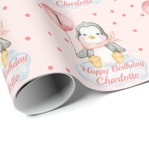 1st Birthday Baby Penguin Pink Wrapping Paper