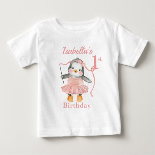 1st Birthday Ballerina Penguin Pink  Baby T_Shirt